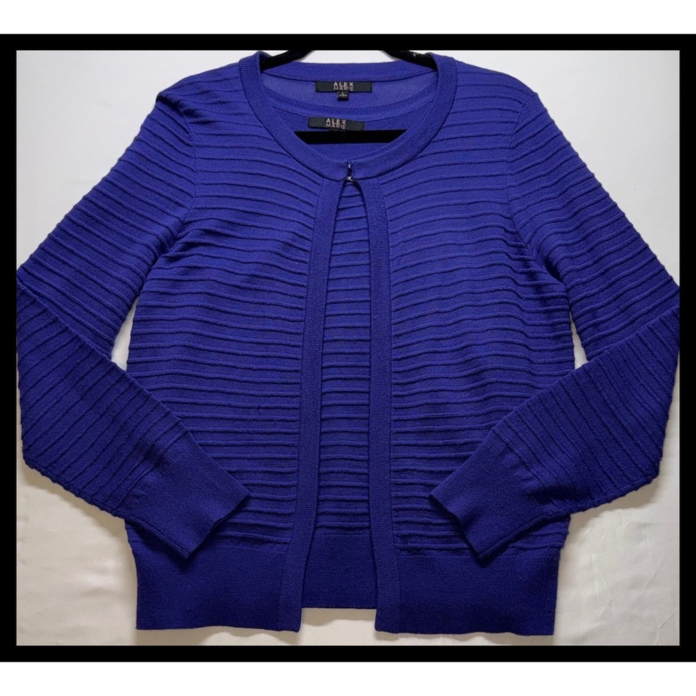 Alex Marie Cardigan Sweater Women Large Purple Ribbed‎ Wool Blend Knit Office